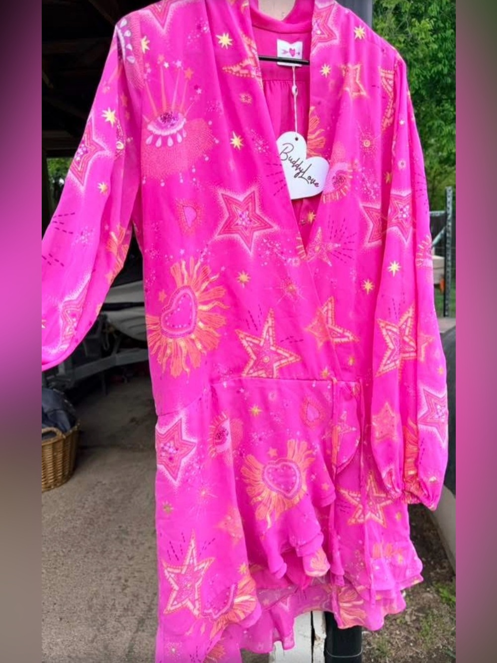 Buddy Love Hot Pink Wrap Dress/romper with Gold Star & Sun Print